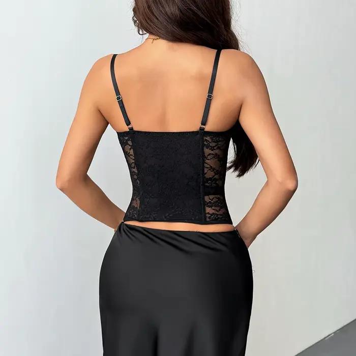 Corset bustier noir en dentelle pour femme avec bretelles amovibles, décolleté cœur, maille transparente, coupe ajustée pour tenue de club