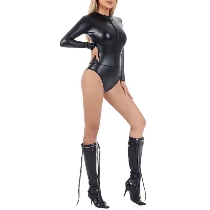 Body Shaper pre ženy Sexy Lingerie Predný Zips Vysoký Golier Dlhé Rukávy Umelá Koža