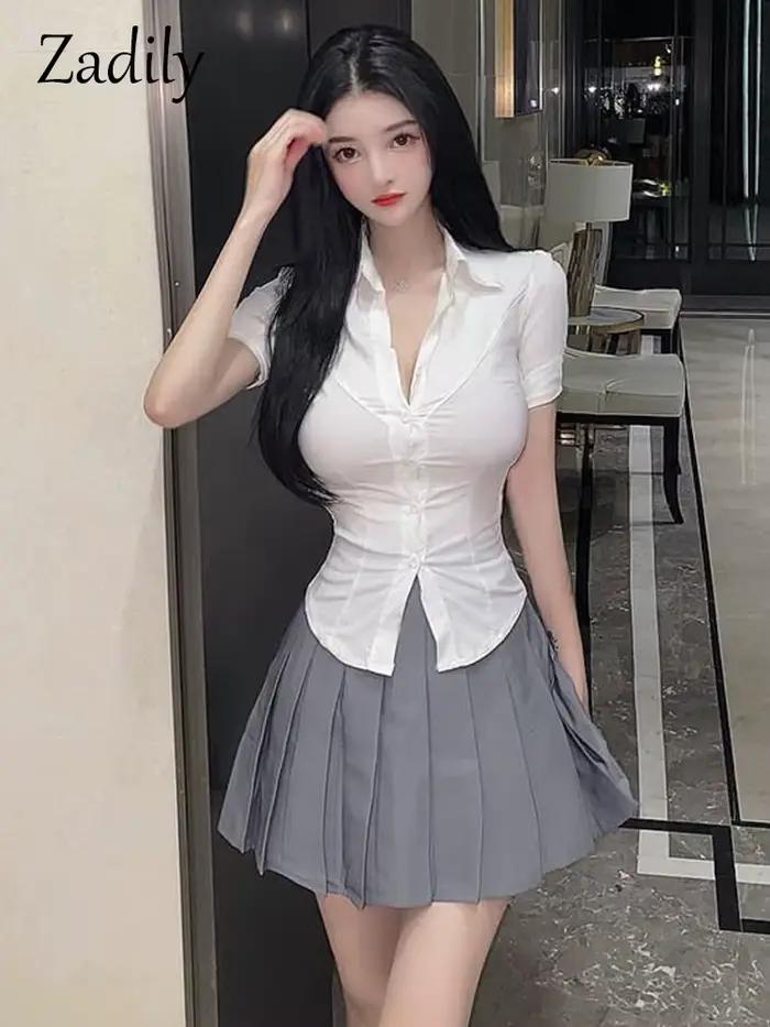 Blouse Zadily décontractée en polyester pour femmes, style streetwear, été 2025, ajustée, boutonnage simple, col rabattu, manches courtes, événements et soirées