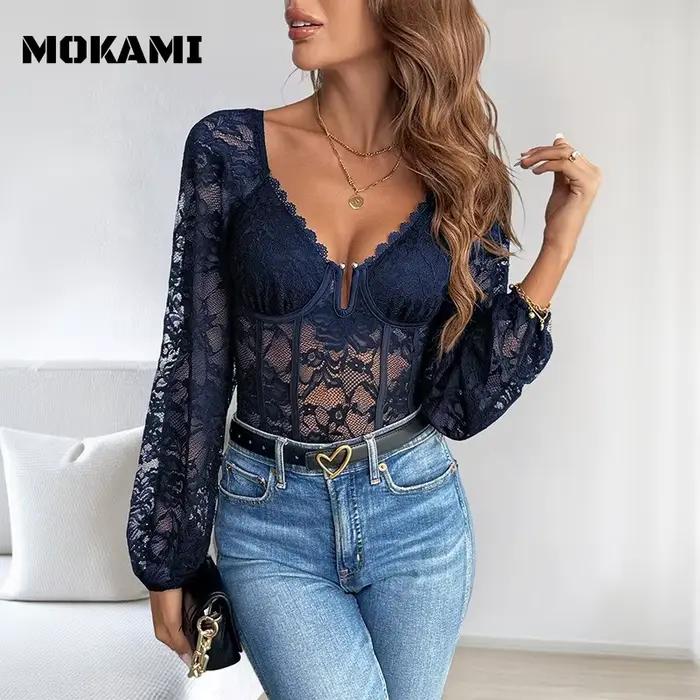 Nouveau Body en Dentelle Sexy pour Femme, Col en V, Bordure en Dentelle, Coupe Moulante, Haut Basique pour Superposition, Style Européen et Américain, Bodys pour Femmes