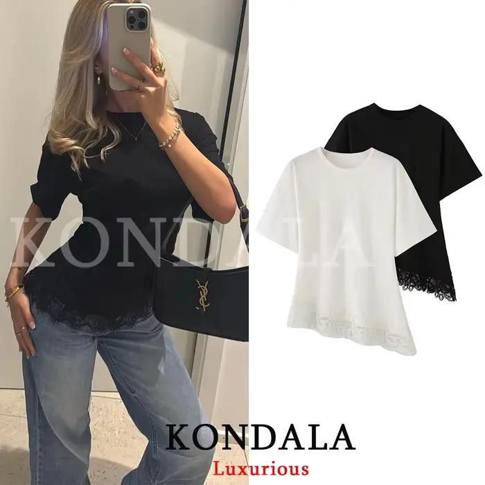 KONDALA Streetwear Chic Ležérny Dámsky Asymetrický Top s Krajkou s Krátkym Rukávom a Okrúhlym Výstrihom Módny Leto Jar