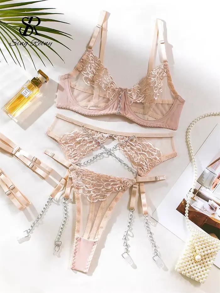 SINGREINY broderie Transparent Lingerie costume dames Floral Shapewear Porno Style américain chaîne conception pure sous-vêtements érotiques