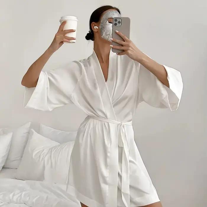 Robe de mariée blanche pour femme, peignoir de matin à manches 3/4, chemise de nuit ample, kimono en satin de soie, lingerie