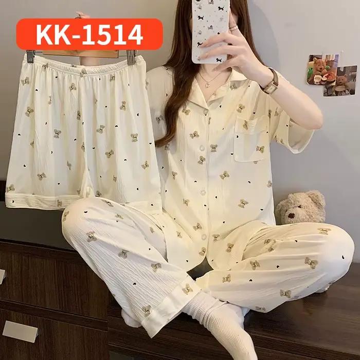 Dámske letné pyžamo s medvedíkom a srdiečkovými volánmi