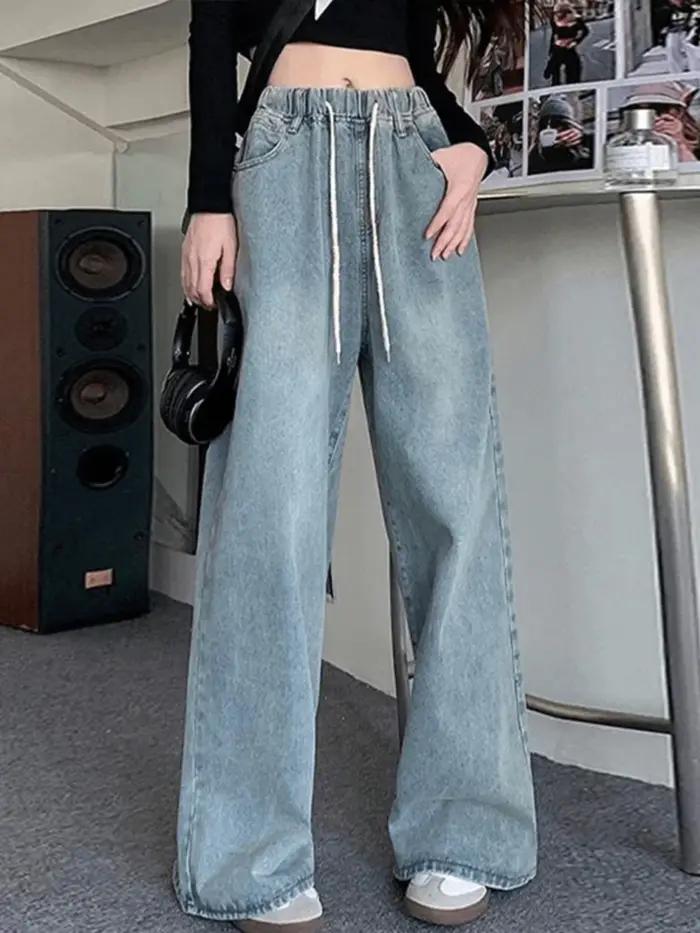 Botvotee vysoký pás široký strih džínsy pre ženy voľné rovné modré dlhé Denim nohavice
