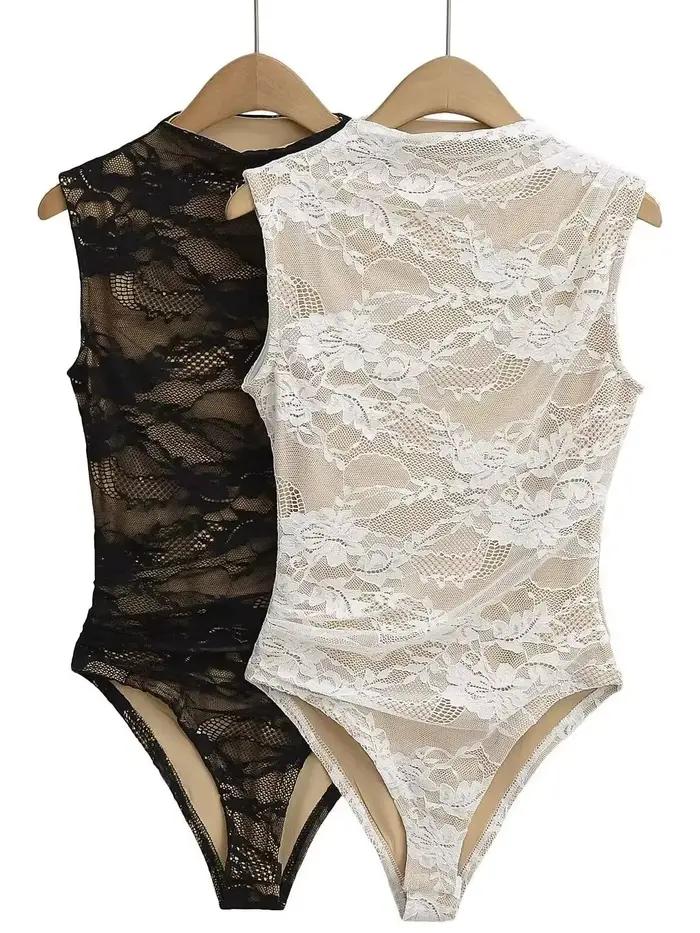 2025 femmes été élégant Beige noir sans manches dentelle body dame de luxe de haute qualité rue moulante barboteuses combinaisons hauts