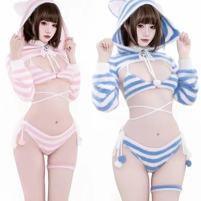 Roztomilé mačacie dievča Lolita ružovo-biele pruhované medvedie kapucňové kožušinové tričko Cosplay kostým Sexy