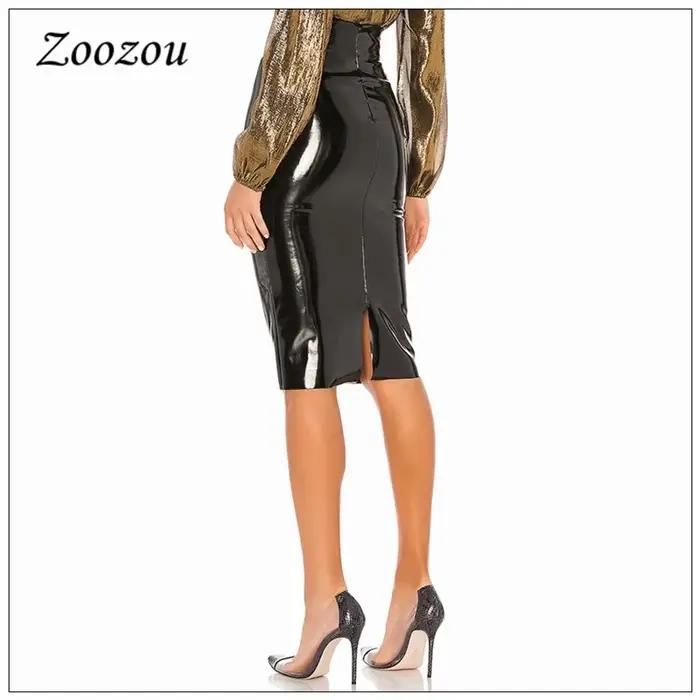 Dámska midi sukňa z latexu a lesklej PVC kože
