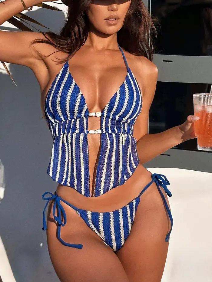 Maillot de bain deux pièces vintage triangle 2026 pour femme, bleu rayé, ajouré, avec pierres, push-up, haut court, tenue de plage