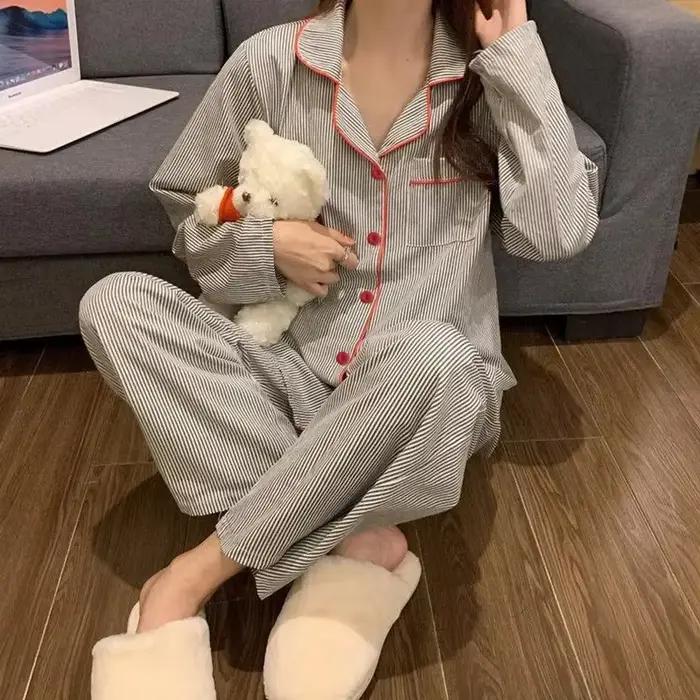 Pyjamas femmes à manches longues pantalon été gris Cardigan rayé vêtements de nuit vêtements de détente deux pièces ensemble dames vêtements de nuit Homewear