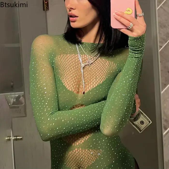 Body en résille transparent pour femmes, tricot ajouré, manches longues, strass, maille, tenues de boîte de nuit Sexy, nouvelle collection