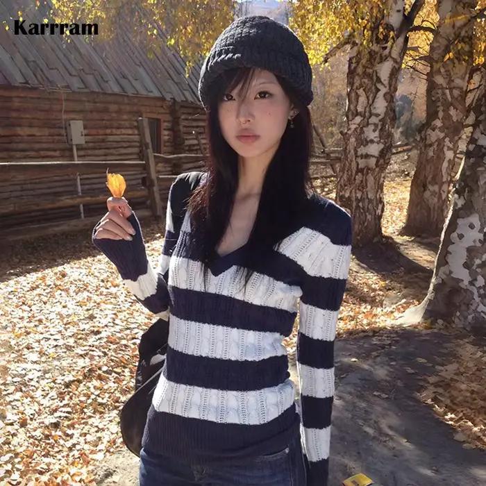 Japonský Karrram Y2k V-výstrih pruhovaný sveter Vintage Harajuku tenký úplet Korejský štýl zimné pleteniny 2000s estetika