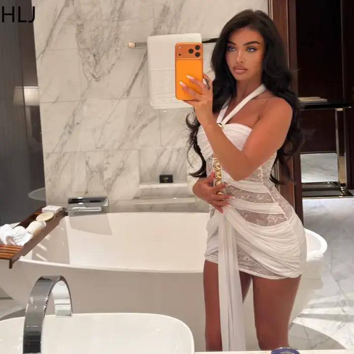 HLJ Robe moulante sexy à col licou pour femme, en maille unie transparente, sans manches, dos nu, pour club, soirée, anniversaire, Vestidos