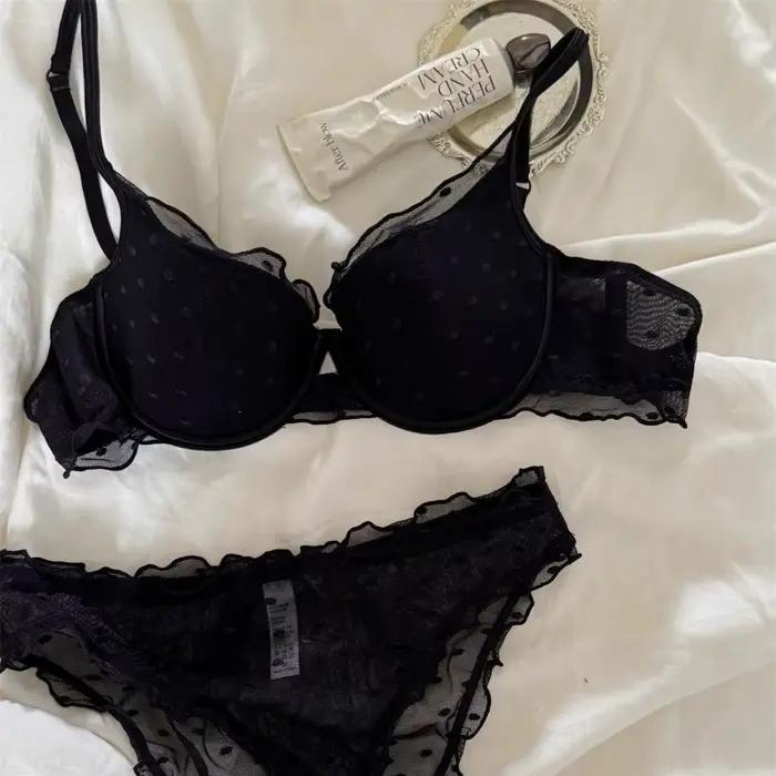 Ensemble de lingerie deux pièces en dentelle française à pois, avec effet de rassemblement et de lifting pour petites poitrines, anti-affaissement et maintien latéral des seins