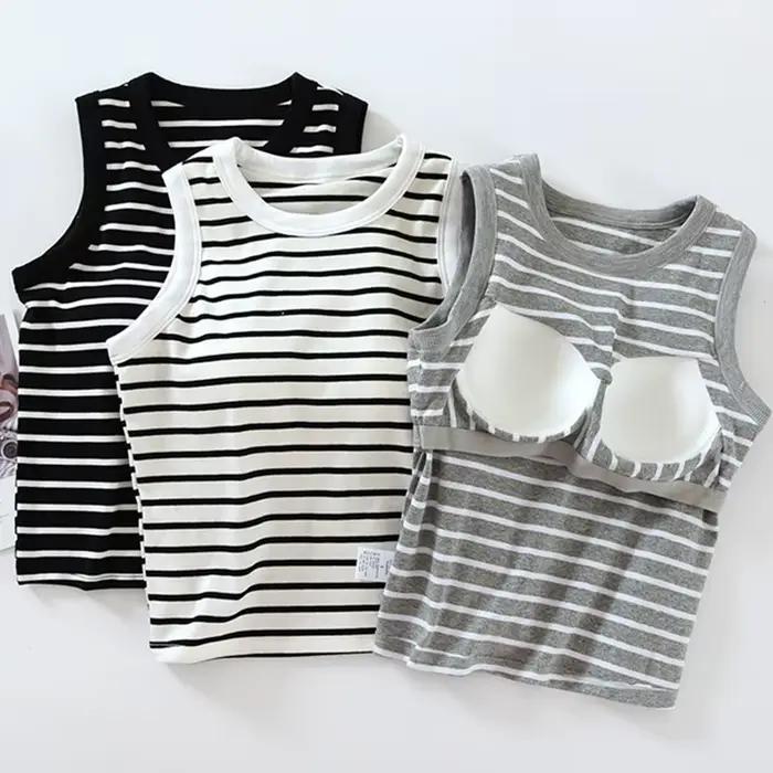 Une pièce pyjamas hauts pour femmes nouvelle mode rayé sans manches vêtements de nuit pour enfants chemise mince coton coussin de poitrine sommeil T-Shirts