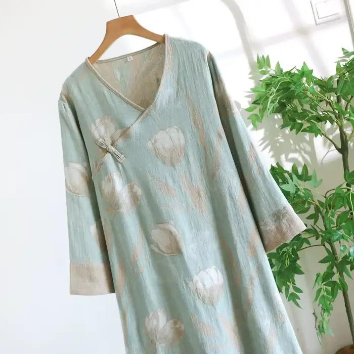 Chemise de nuit en coton pur teint en fil de style chinois pour femmes, vêtements de détente en gaze fine, rétro, manches longues, col en v, ample, automne