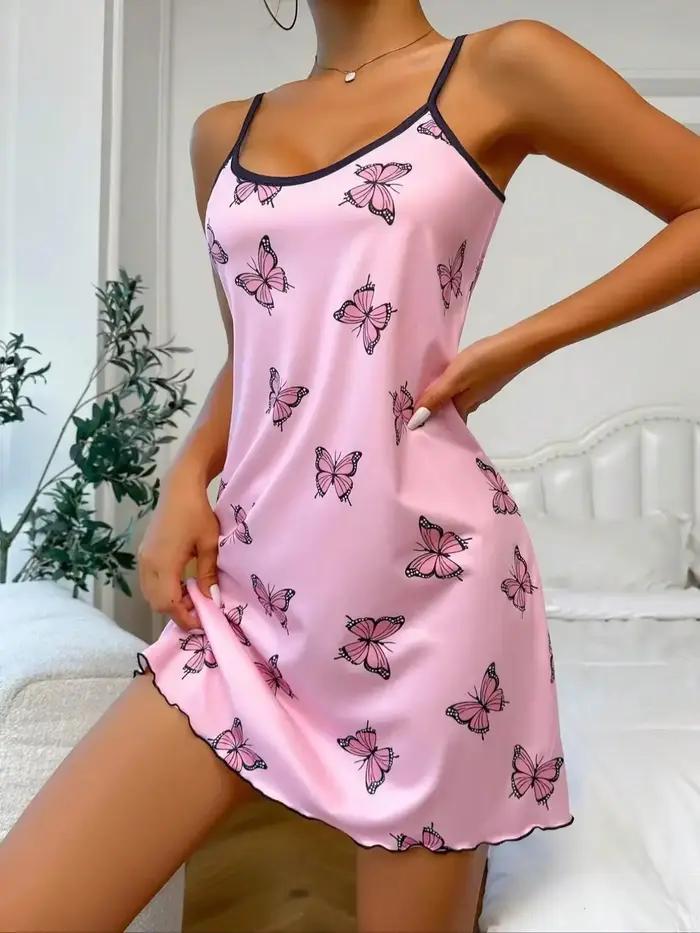 Rose papillon imprimé vêtements de nuit femmes Sexy Lingerie chemise de nuit col rond robe de nuit fendue cuisse nuisettes chemise de nuit vêtements de détente