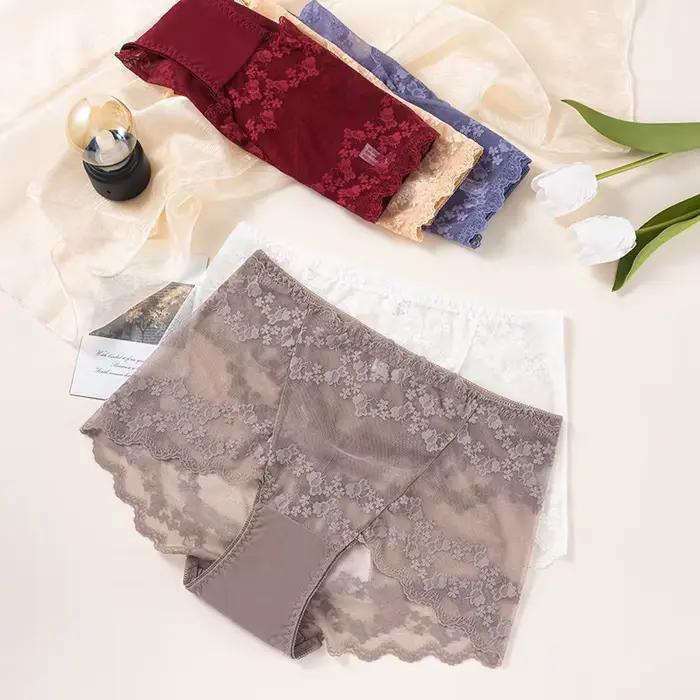 Culotte Sexy en Dentelle Brodée de Fleurs pour Femme, Sous-Vêtement Taille Haute Respirant, Grande Taille, Confortable, Lingerie Intime