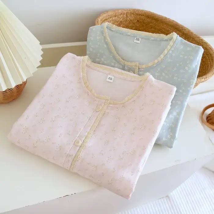 Chemise de nuit ultra-douce 100 % pur coton double gaze pour femme, respirante, motif floral frais, manches longues, robe de détente