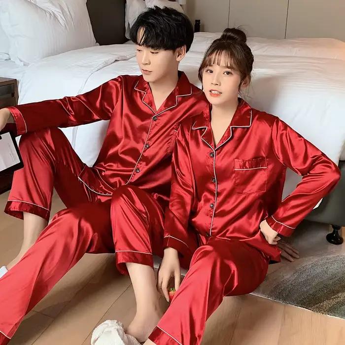 Pyjamas de couple en satin doux et confortables pour homme et femme, pour dormir ou se détendre à la maison, pour les saisons printemps, été et automne