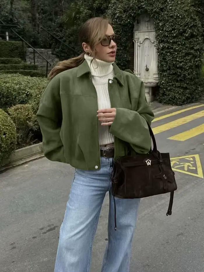 Dámska letecká bunda s netopierími rukávmi a zipsom, ležérny top