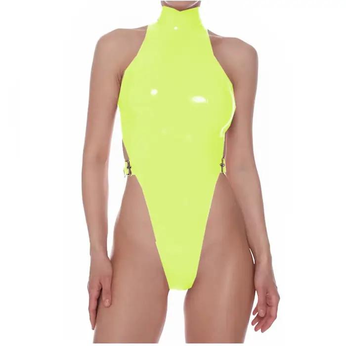 Body en Faux cuir PVC pour femmes, combishort fourreau sans manches, lingerie sexy, body justaucorps une pièce, moulant à boucle