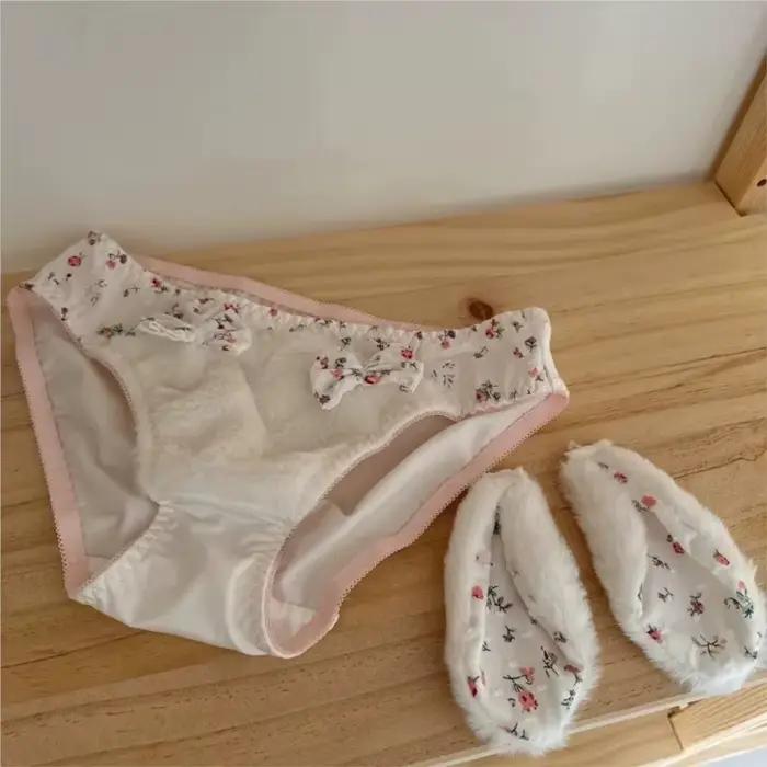 Culottes en velours avec oreilles de lapin et nœud, mignonnes, en peluche, style Lolita, pour femme, douces, chaudes, avec entrejambe en pur coton, taille moyenne