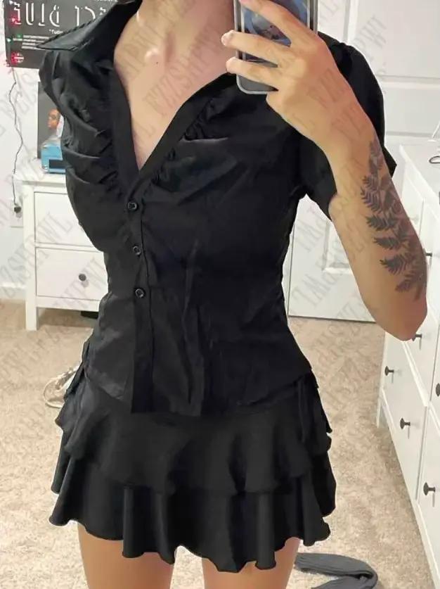Vintage estetické ženy osobnosť Y2K štíhle oblečenie móda košele Harajuku krátky rukáv topy žena teplé c