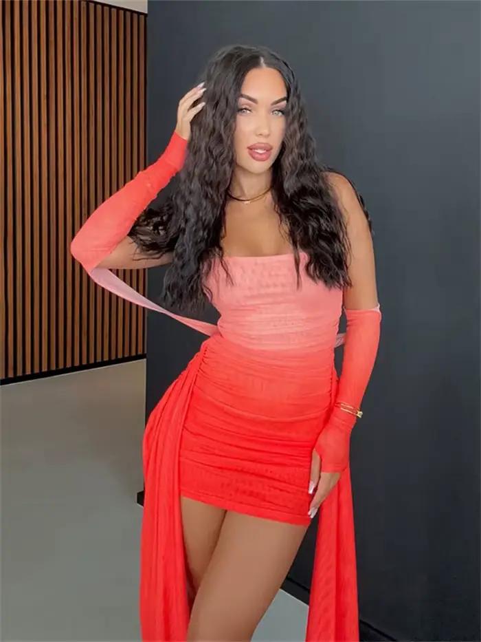Nibber Letné prázdniny Sexy priesvitné šaty + šál pre ženy nariasené bočné stuhy Koketné štíhle polnočné Clubwear párty