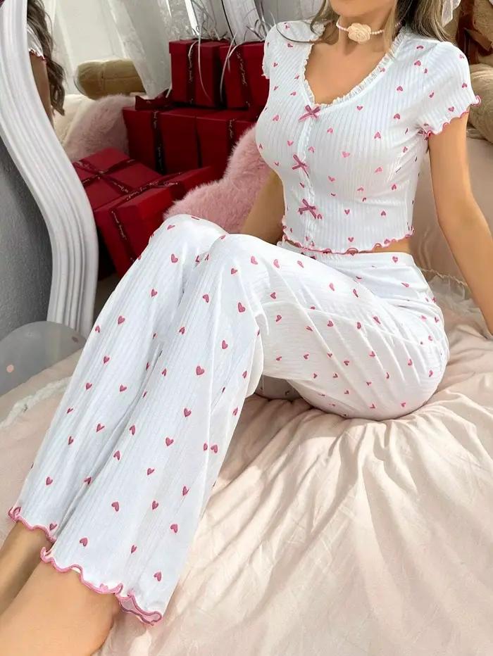 Ensemble de pyjama pour femmes à imprimé cœur, haut décontracté à manches courtes et col en V avec p