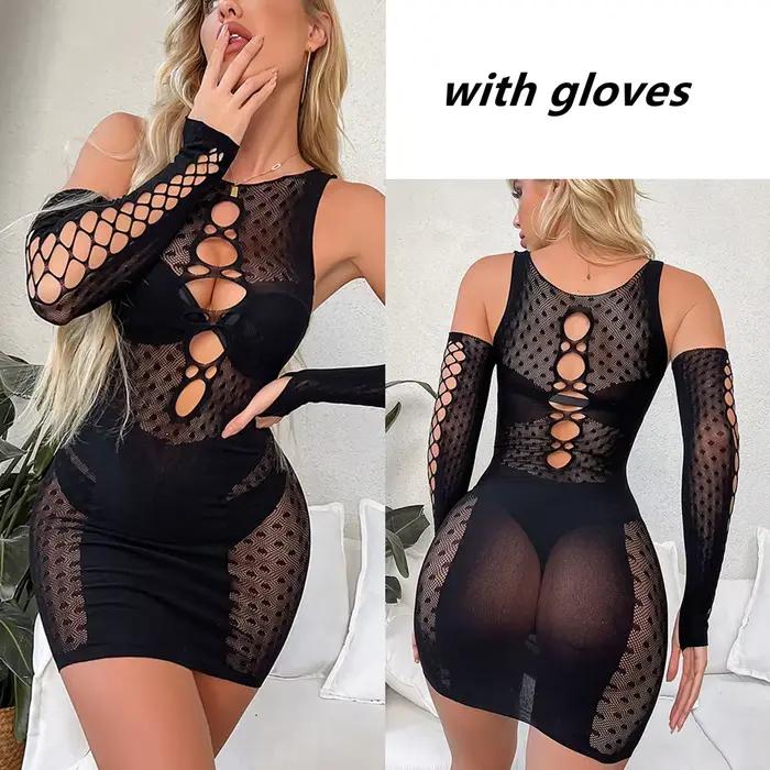Chemise de nuit Sexy ajourée, Lingerie en dentelle, pyjama en résille, vêtements de plage, Mini robe