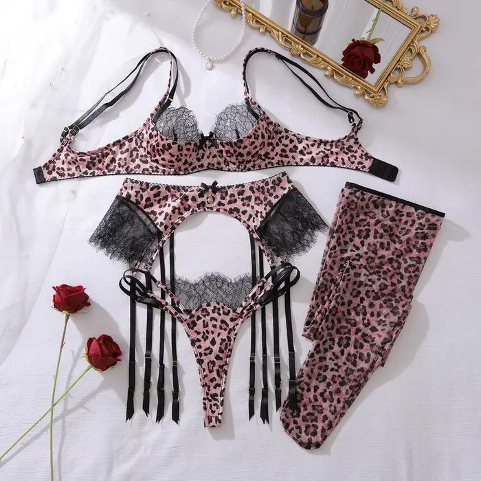 Ellolace Lingerie sauvage Sexy femmes superbe soutien-gorge léopard 3 pièces ensemble avec bas sédui