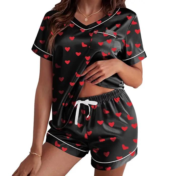Léon's Day-Pyjama en satin imprimé cœur pour femme, ensemble de vêtements de détente, manches courte