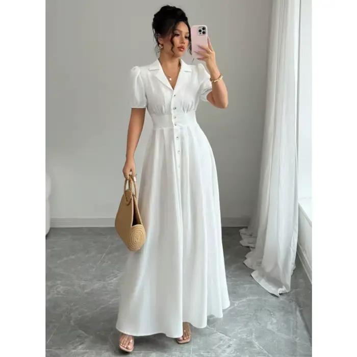 Robe longue maxi style corset blanc à la française pour femme, élégante, col en V, boutonnée, taille