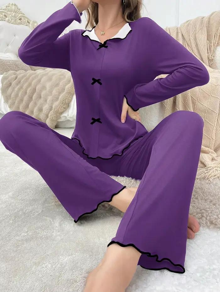 Ensemble de 2 pyjamas pour femmes, automne et hiver, couleur unie simple, manches longues confortabl