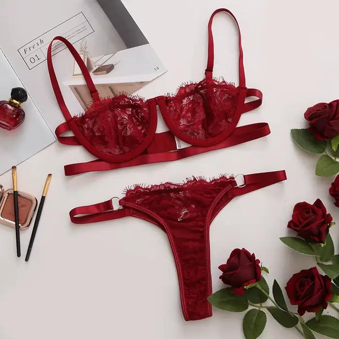 Lingerie Sexy en dentelle pour femme, sous-vêtements transparents, broderie féerique, ensembles bref