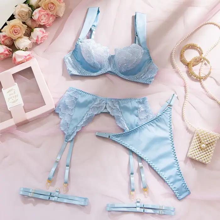 Ensemble de Lingerie Saint-Valentin Sexy et Élégant en Satin, Soutien-Gorge, Ceinture, String 3 Pièc