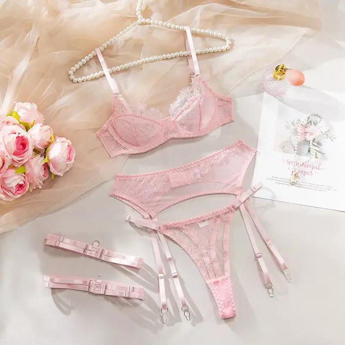 Ensemble de Lingerie Fantaisie Sexy et Élégante 3 Pièces avec Jarretières, Sissy, Couleur Unie, Dent