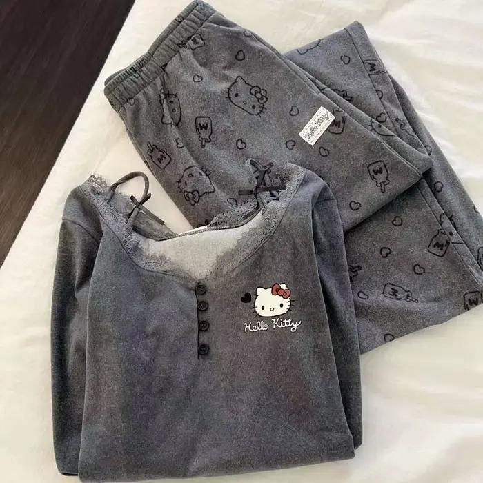 Ensemble pyjama gris Hello Kitty pour femmes, 2 pièces, manches longues, vêtements de nuit doux et c