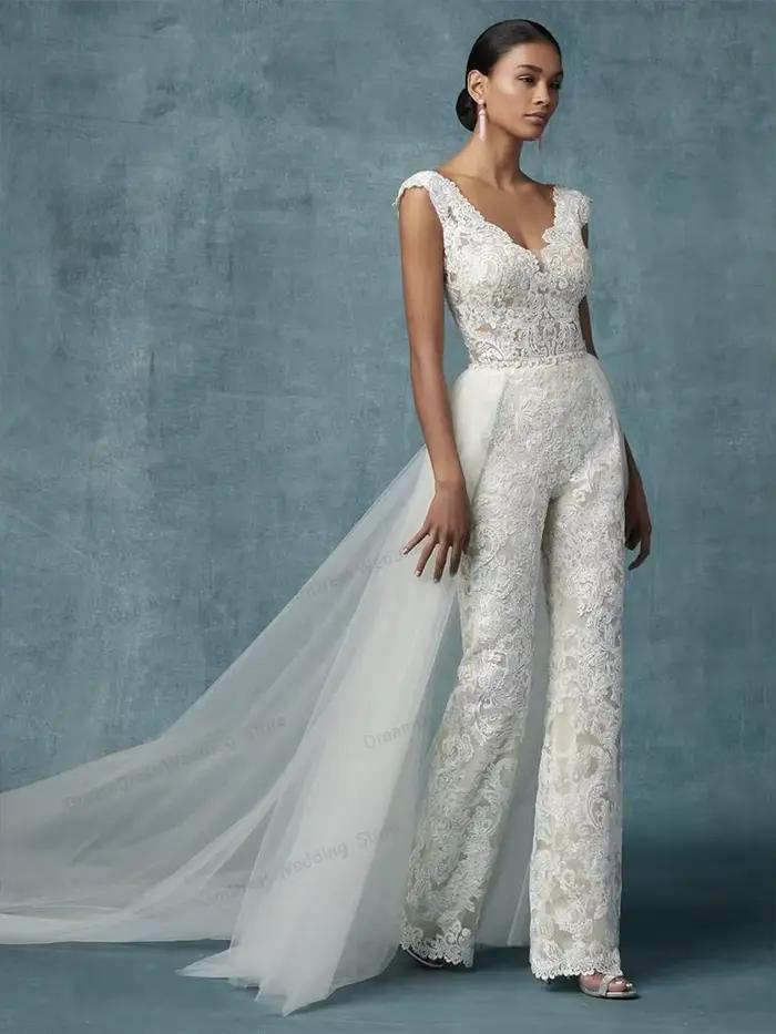 Combinaison dos nu avec poignées pour femmes, robes de mariée, train amovible, pantalon de mariée, d