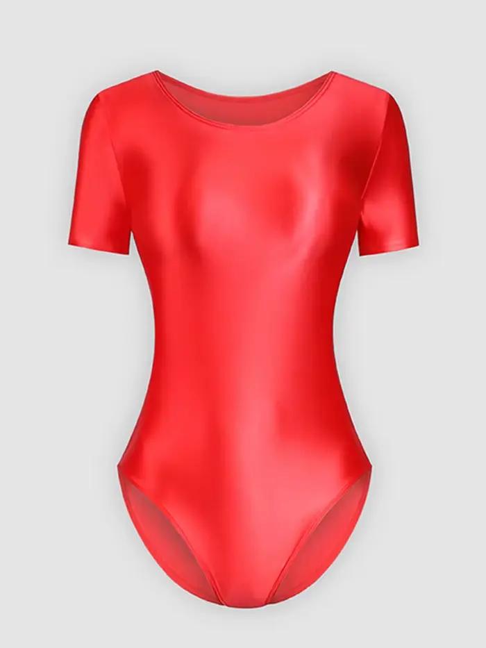 Combinaison pour femme, brillante, couleur unie, t-shirt, maillot de bain, vêtements de sport, justa