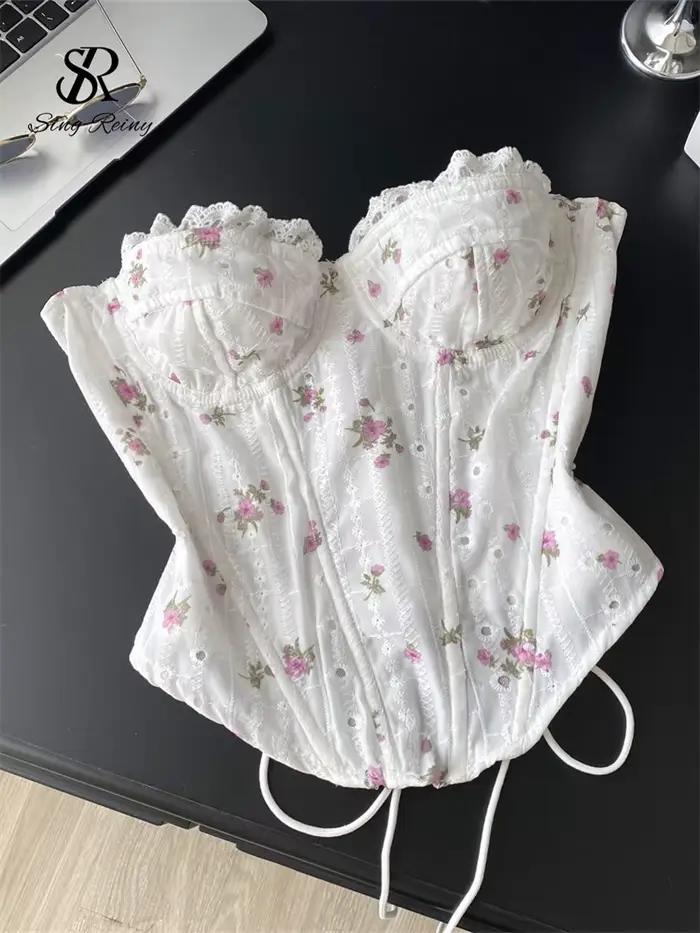 SINGREINY doux broderie florale Lingerie haut évider Sexy sans bretelles dos nu pansement Corset fem