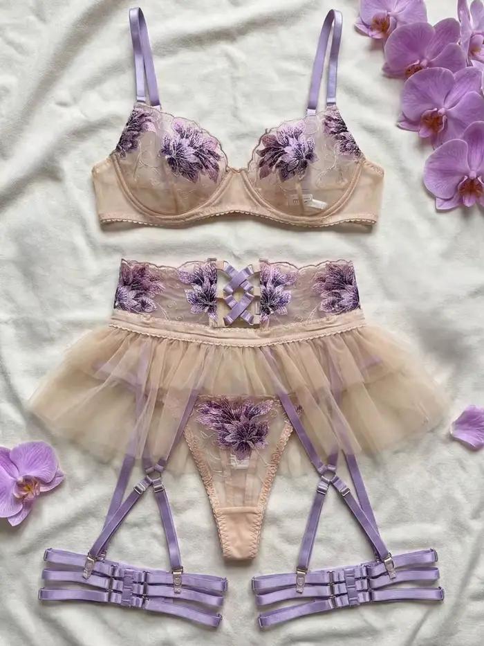 Lingerie féerique Belamimi, sous-vêtements transparents à fleurs, jarretière à volants, sous-vêtemen