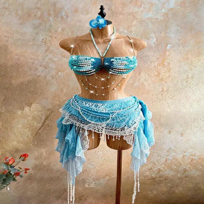 Chaîne de corps perlée multicolore bleu ciel et blanc pour femme, style soutien-gorge, pour plage, é