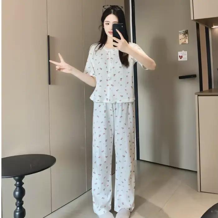 Pyjama rayé en coton rose pour femmes, ensemble deux pièces pour l'été, chemise à manches courtes et