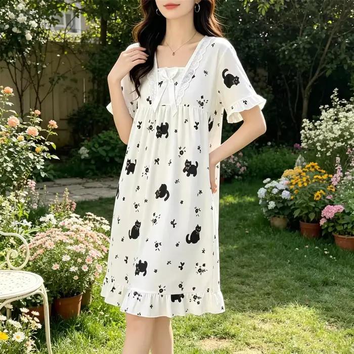 Nouvelle Robe de Nuit Imprimée Chaton à Manches Courtes pour Femme – Pyjama Décontracté d'Été pour D
