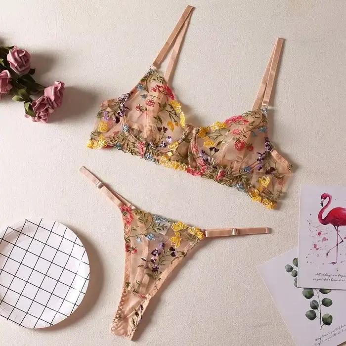 Ensemble de Lingerie brodée florale pour femmes, 2 pièces, soutien-gorge Boho transparent + culotte,