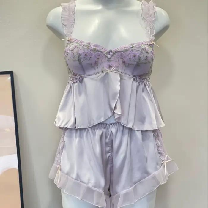 Pyjama de cour française en dentelle, haut tubulaire, écharpe, hauts de nuit avec short, coussinet d