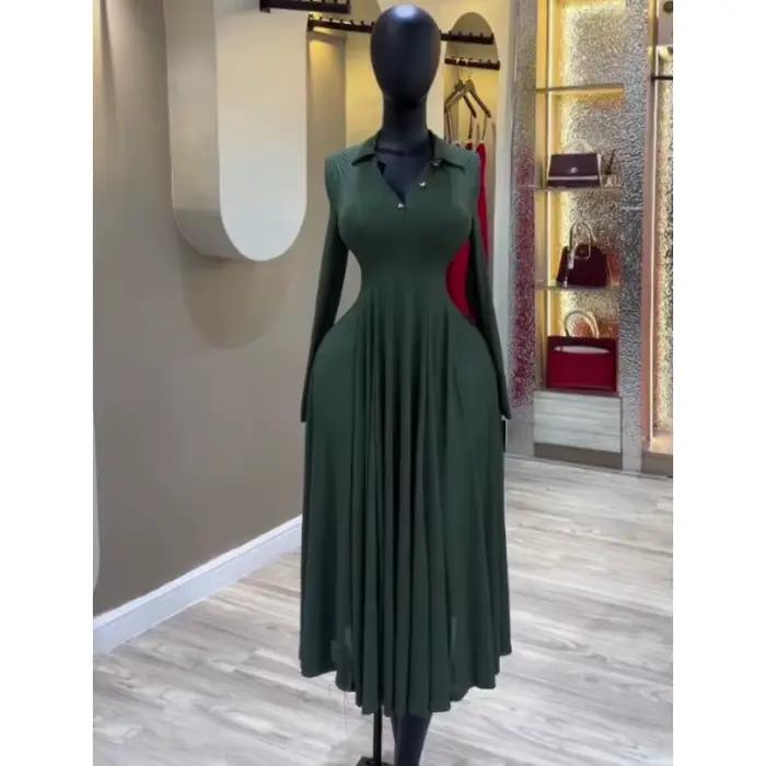 Robe longue élégante pour femme à manches longues, style corset, col polo, taille ajustée, plissée,