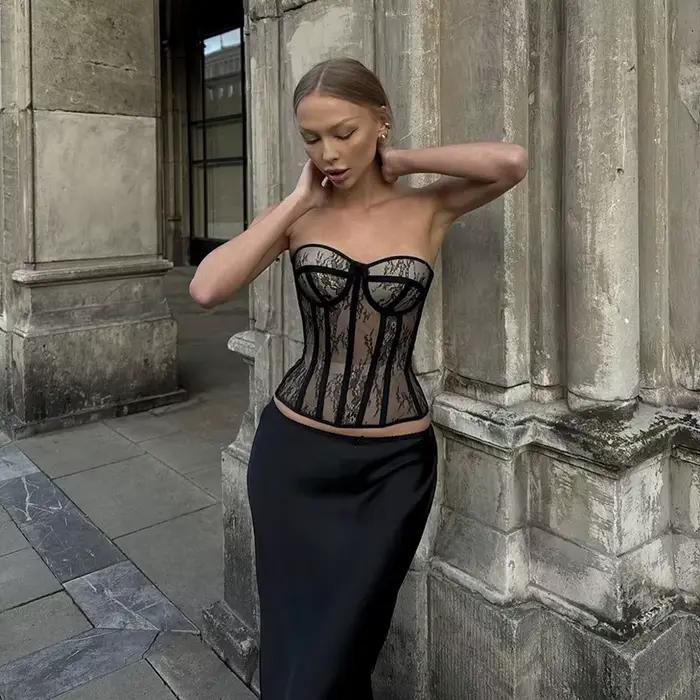 Sexy acier os Korset femme évider sans bretelles dentelle soutien-gorge haut bustier maille femmes L